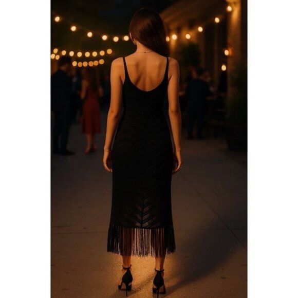 525 Fringe Dress Black XS S Open Knit Crochet Tassel Hem See-Through whimsigoth - Picture 16 of 16